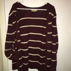 Striped Open-Front Cardigan Sweater in Burgundy and Cream